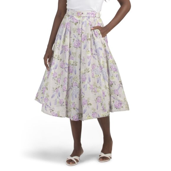 AQUA BLU Wisteria Silk Blend Katherine Pleated High Waist Midi Skirt